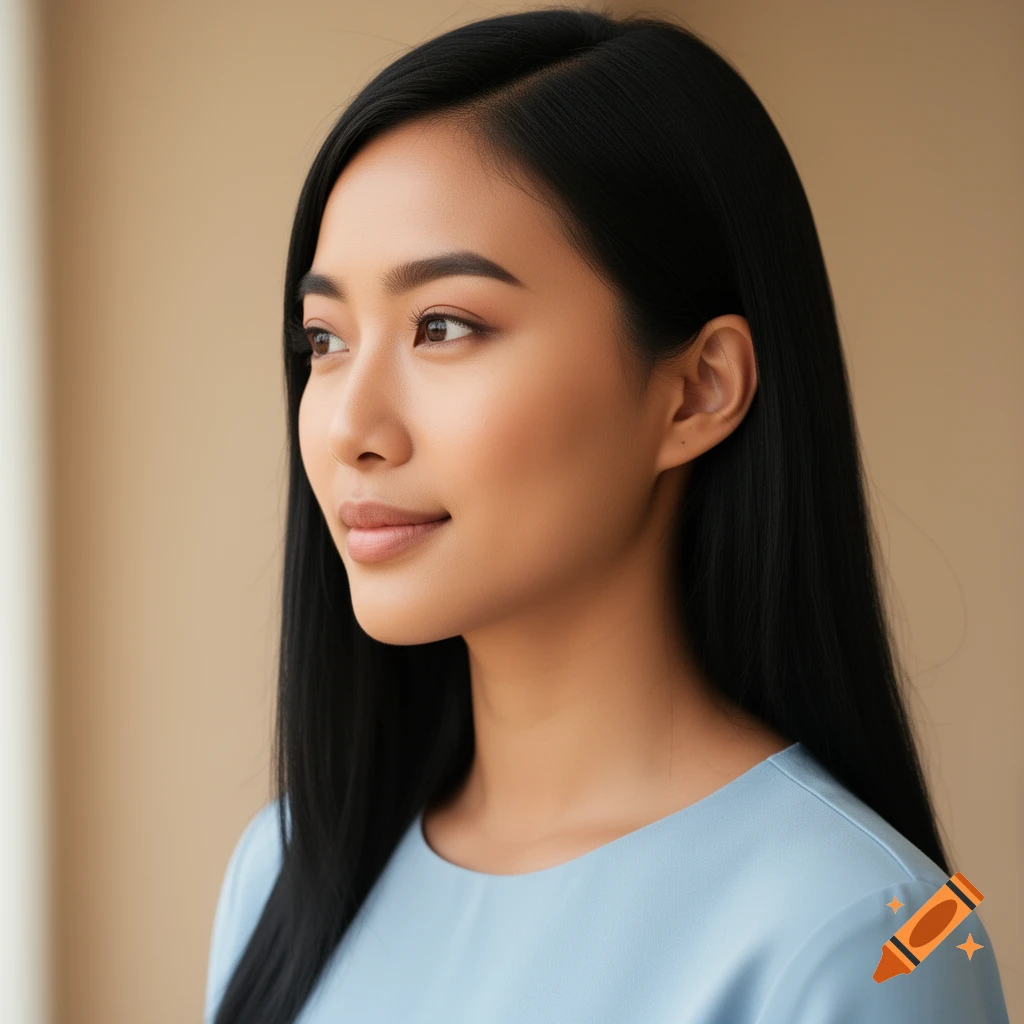 A close-up, photorealistic portrait of an East Asian woman with long black hair, wearing a light blue top, looking gently to the side against a neutral background.