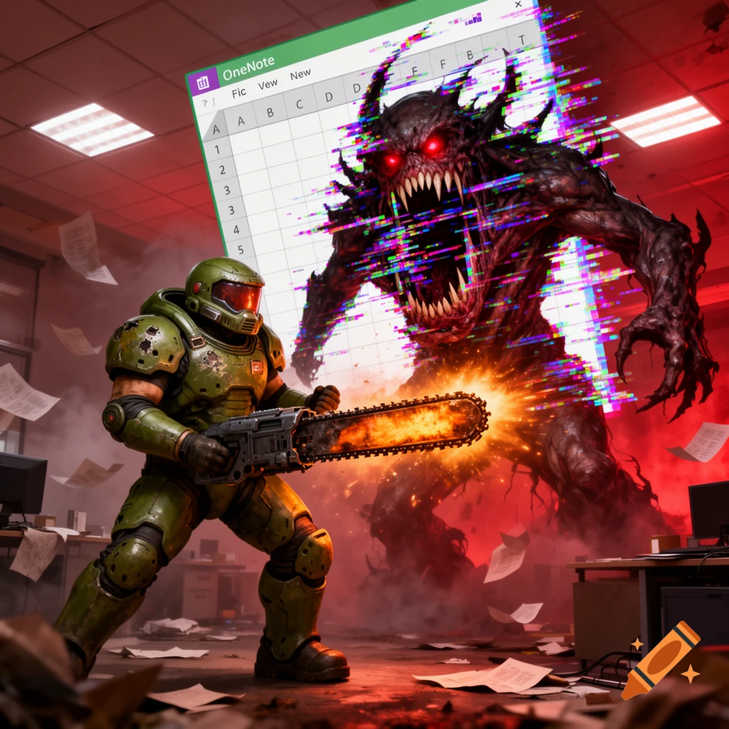 Doomguy battles a glitching demonic spreadsheet monster in a messy office, wielding a flaming chainsaw. The scene is lit with red light.