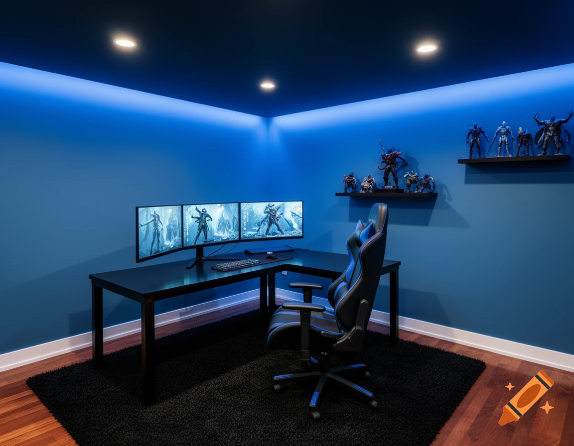 A blue-lit gaming room with an L-desk, three monitors displaying games, a black gaming chair, and shelves of action figures.