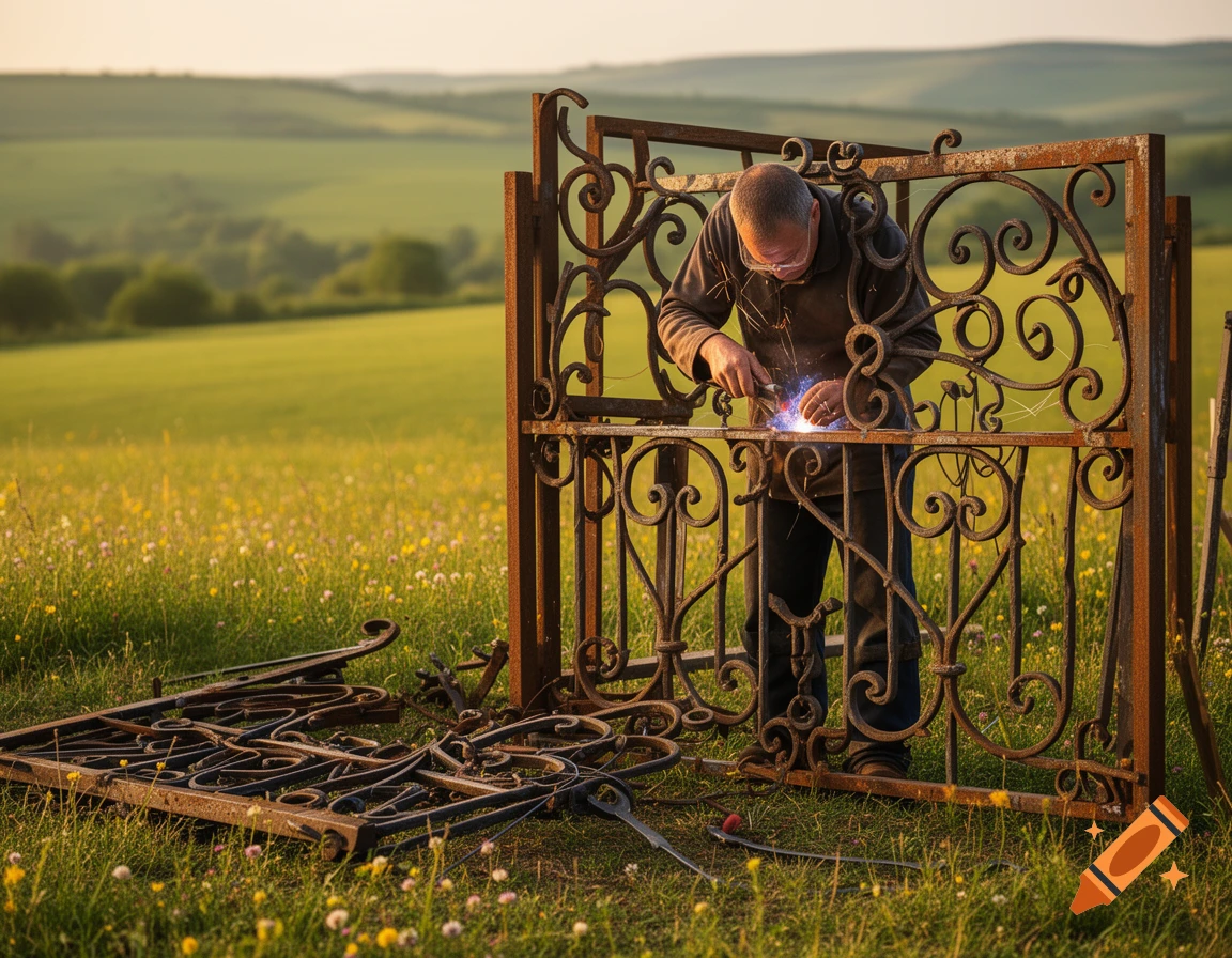 A man in safety glasses welds a large ornate metal gate in a sunny, green field with wildflowers and rolling hills.