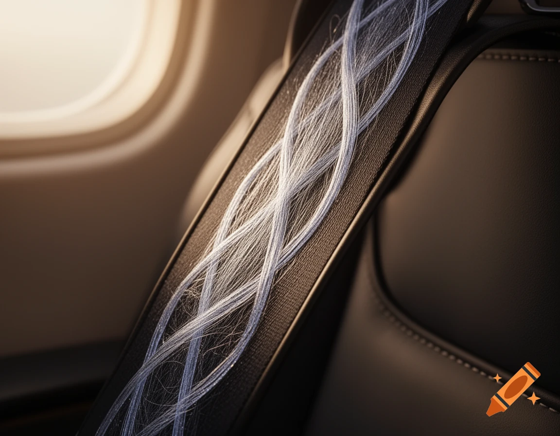 Close-up of an airplane seatbelt with an interwoven fibrous design, illuminated by soft window light.