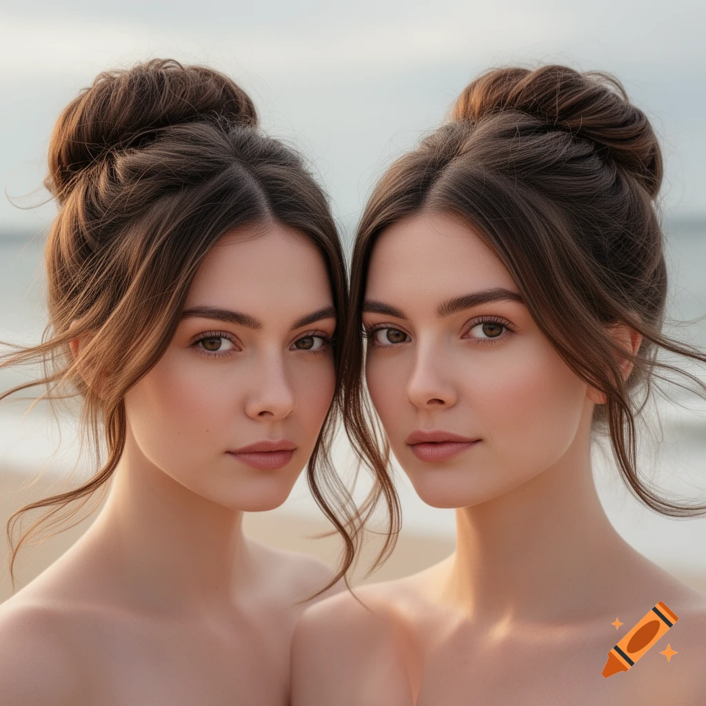 Two young women with dark hair in buns, bare shoulders, gazing forward against a blurred outdoor background.