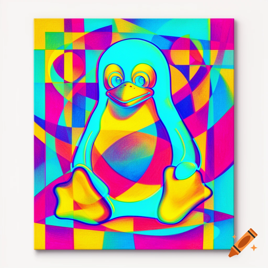 Tux the Linux penguin in vibrant cyan, yellow, and magenta against a background of colorful geometric abstract patterns.