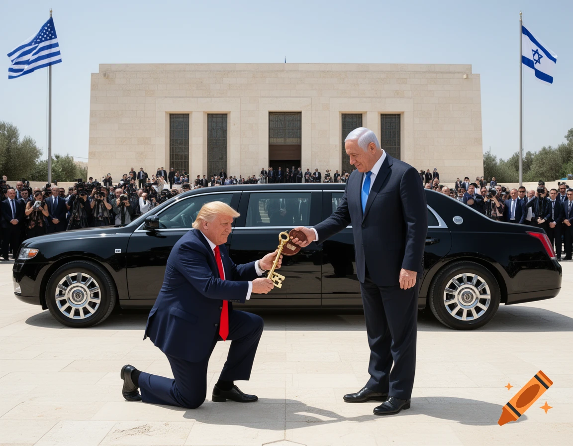 Donald Trump kneels, handing a large golden key to Benjamin Netanyahu, beside a black limousine with US and Israeli flags flying at a sunny outdoor event.