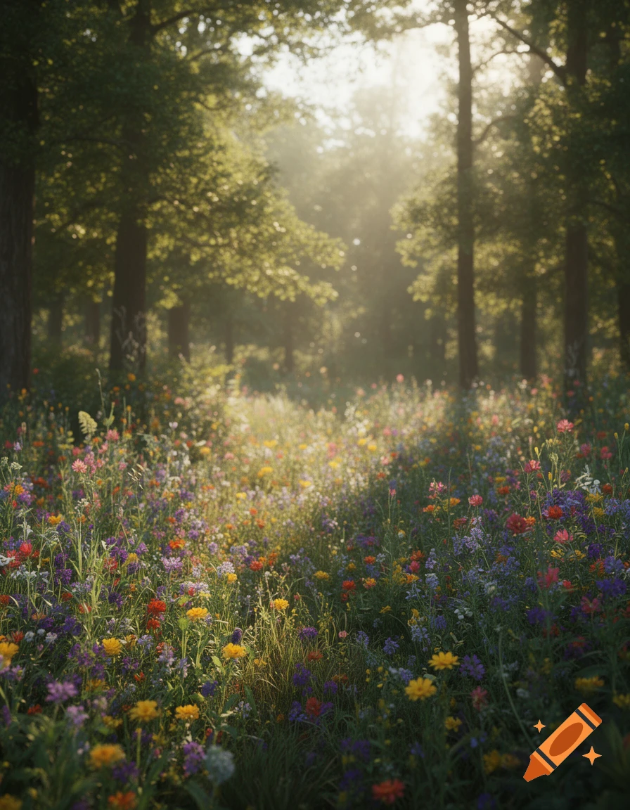 Sunlight streams through a dense forest over a vibrant meadow filled with colorful wildflowers.