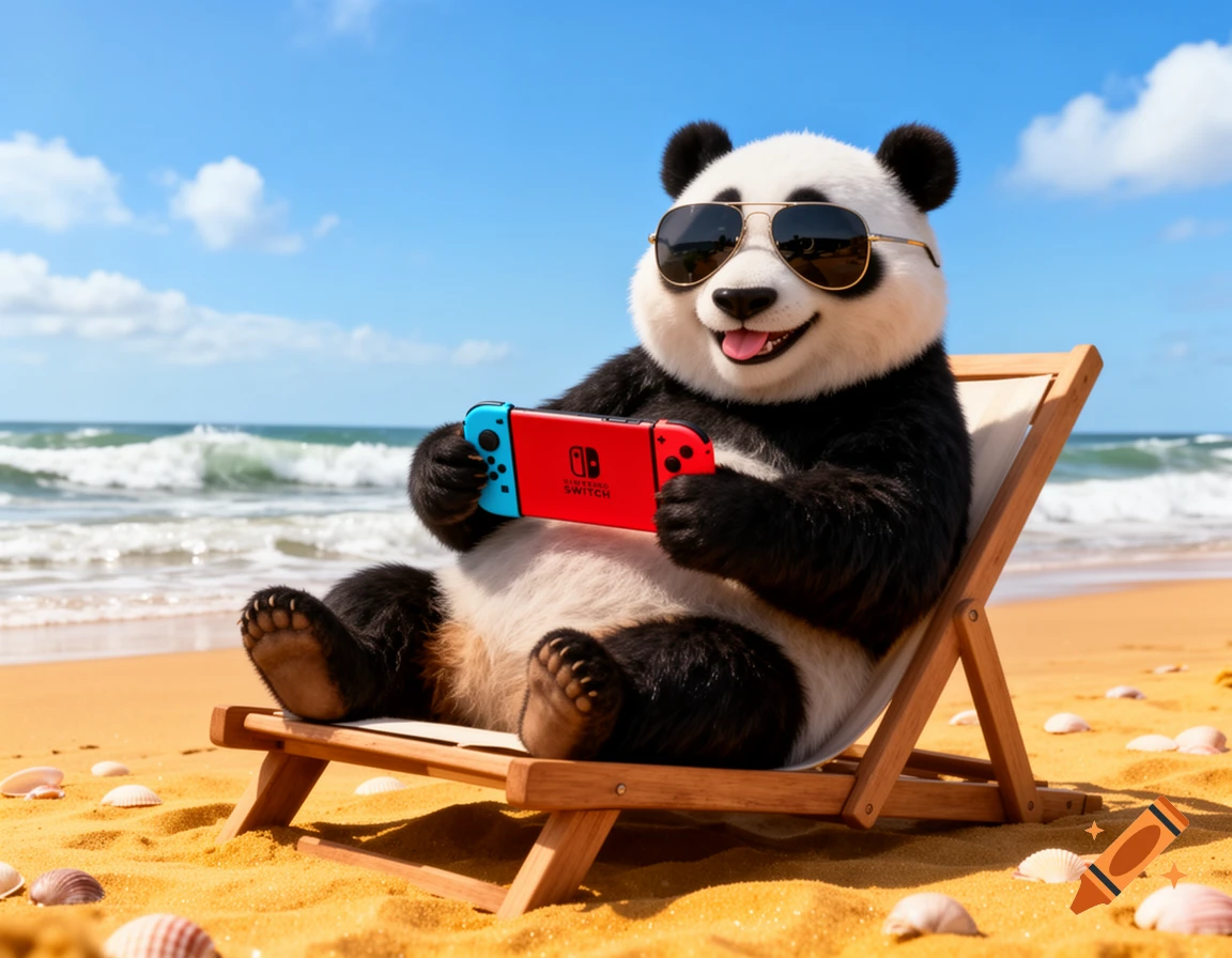A smiling panda wearing sunglasses sits on a beach chair, playing a Nintendo Switch by the ocean.