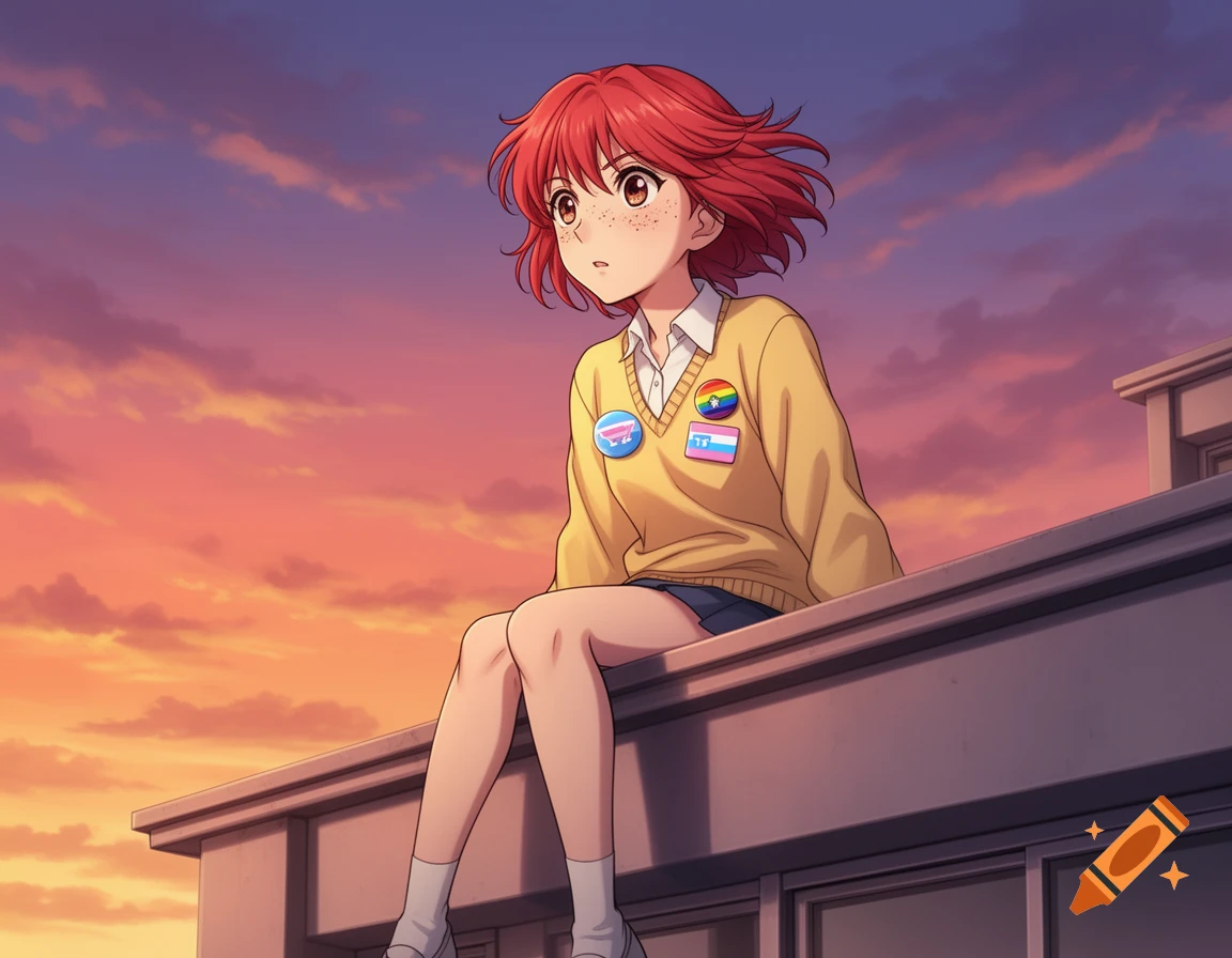 An anime girl with red hair and freckles, wearing a yellow jumper with pride pins, sits on a rooftop at sunset.