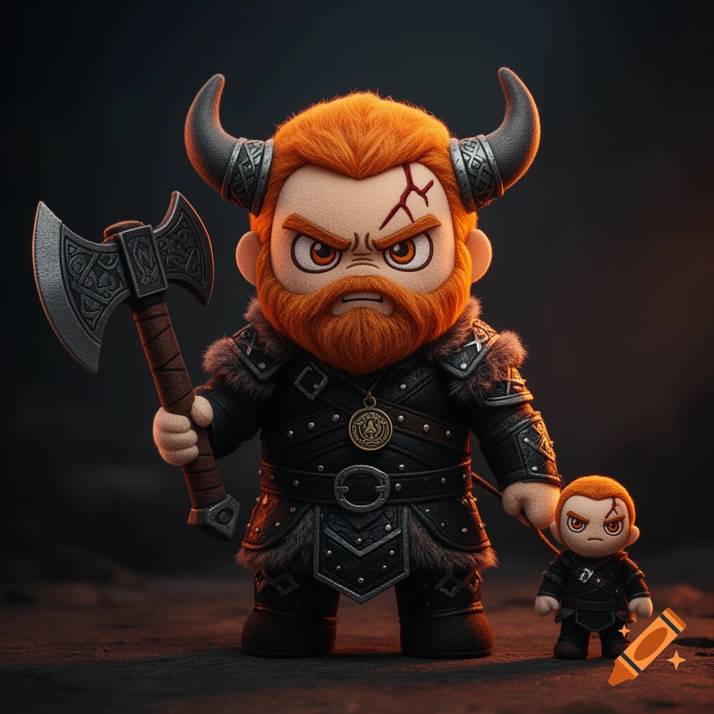 A stylized plush toy Viking warrior with a red beard and an axe, holding a smaller companion on a leash, in a dark fantasy setting.