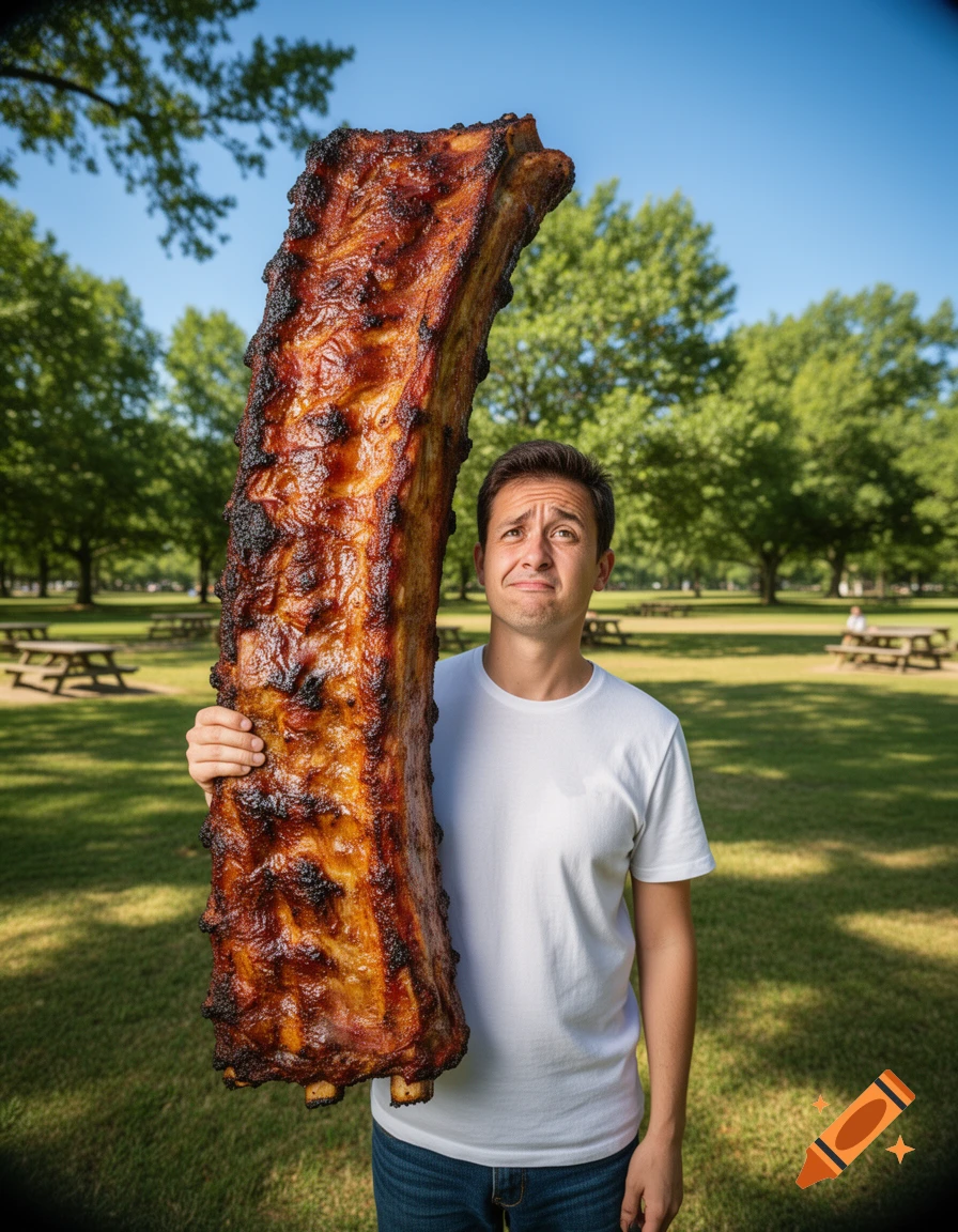 A man holding a comically gigantic grilled rib in a sunny park, looking surprised.