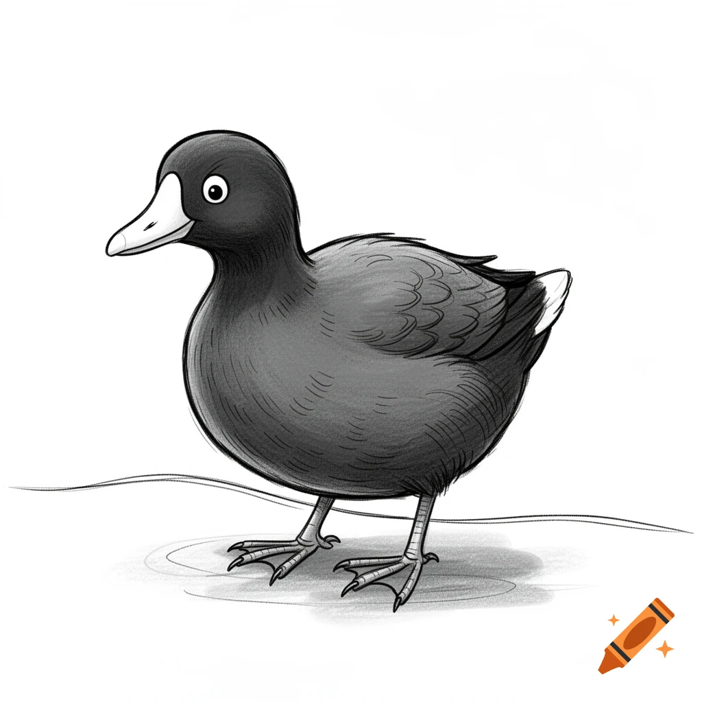 Black and white cartoon illustration of an American coot bird standing on a white background.