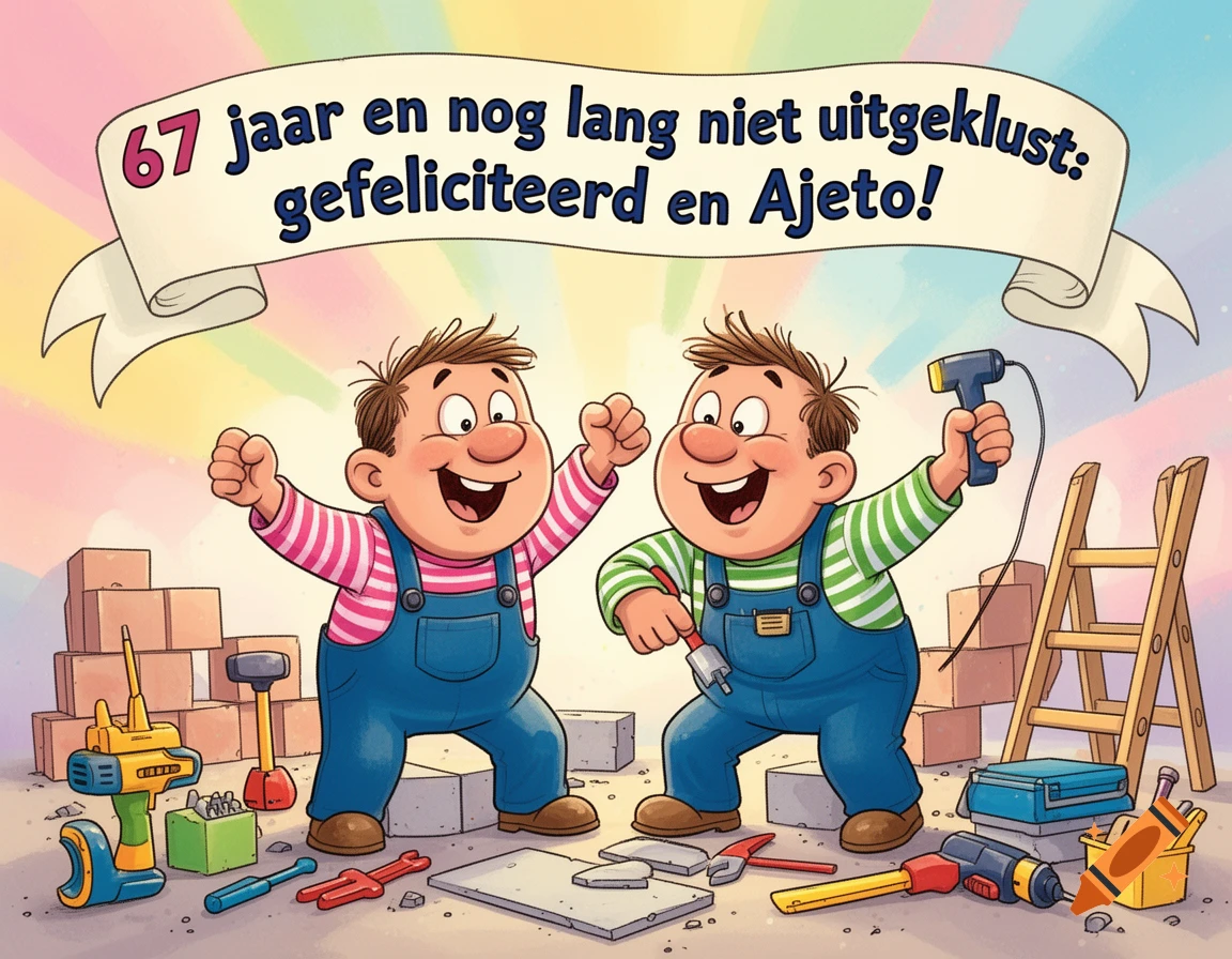 Cartoon of two cheerful men in overalls surrounded by construction tools, holding a banner: '67 jaar en nog lang niet uitgeklust: gefeliciteerd en Ajeto!'.