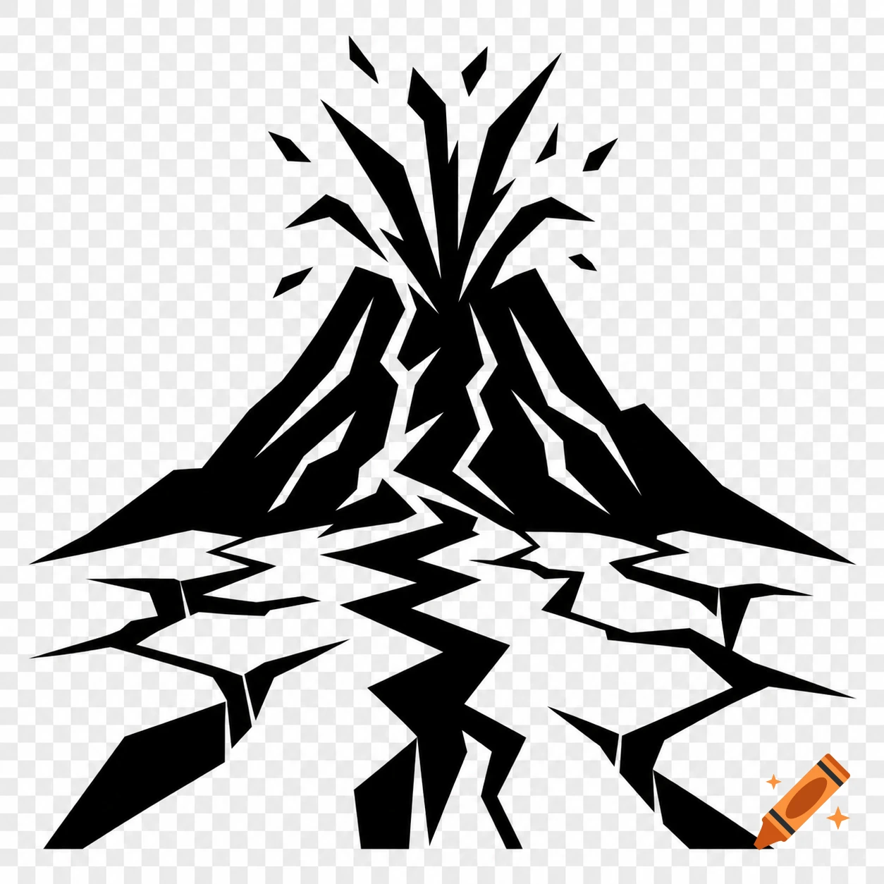Monochrome black vector logo of an erupting volcano with stylized lava and cracked ground, minimalist design.