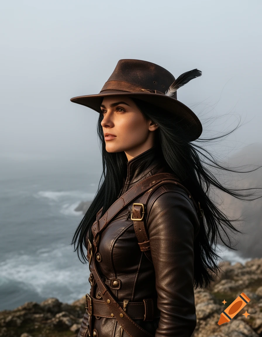 A woman with long black hair and a brown leather adventurer's hat and gear stands by a misty, rocky coastline.