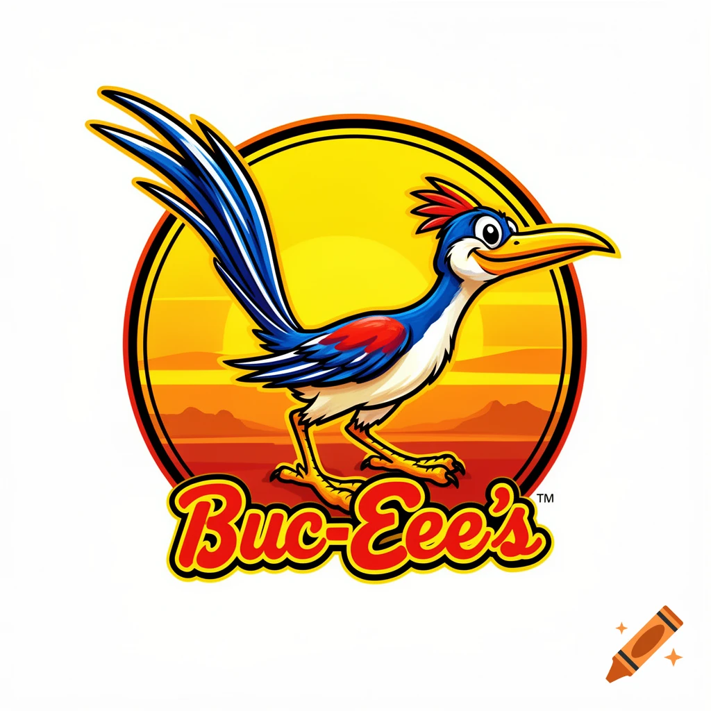 A cartoon roadrunner logo with a blue tail, red feathers, and a yellow beak against a sunset-colored circle, with 'Buc-Eee's' text below.