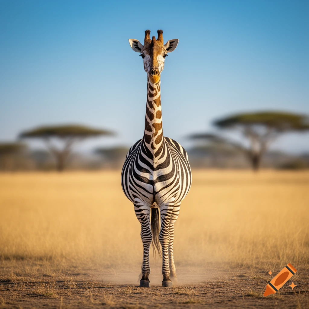 A photorealistic hybrid animal with a giraffe's head and a zebra's striped body stands in a dry savanna.