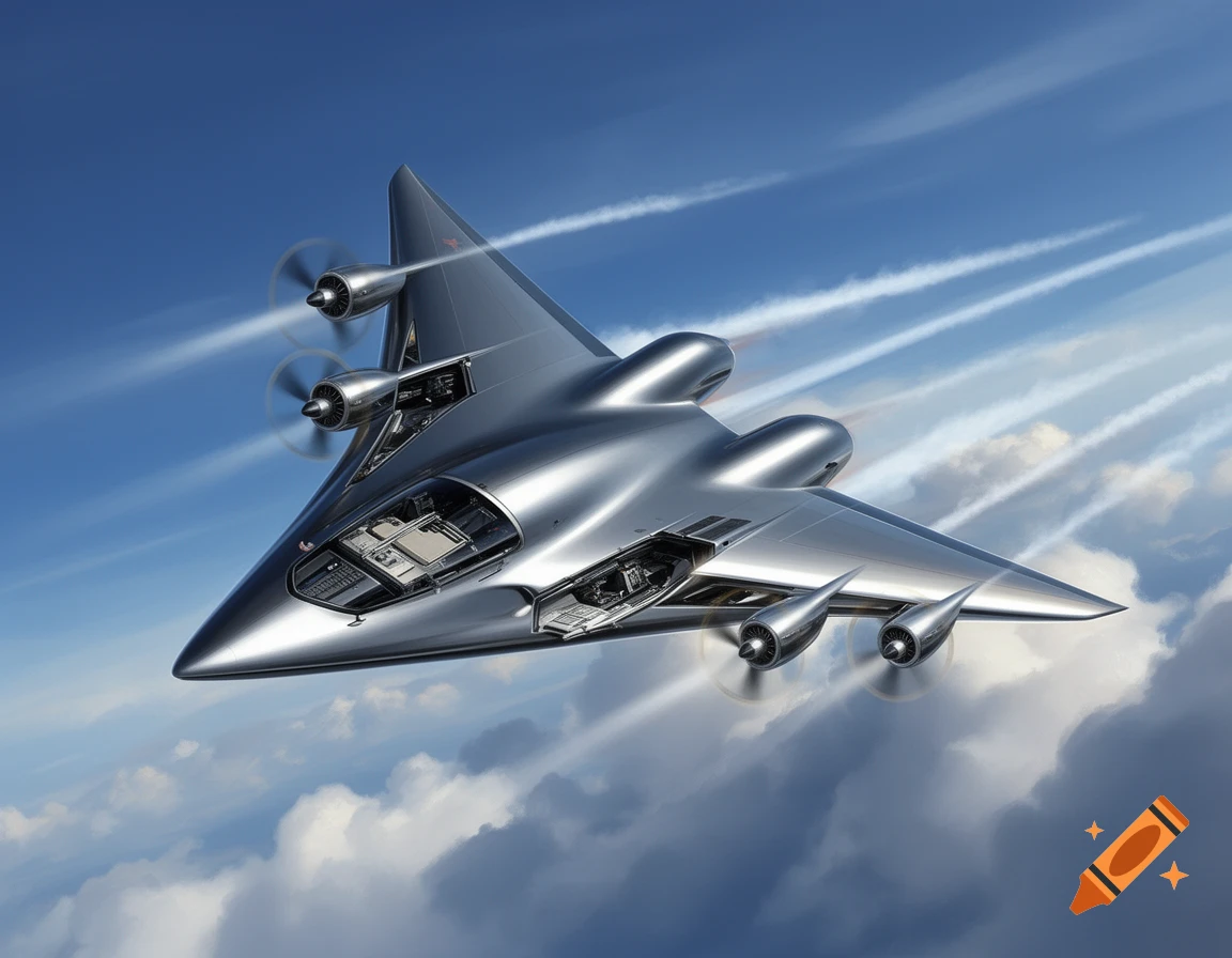 A sleek, silver, futuristic delta-wing aircraft with four propellers flying through a cloudy blue sky.