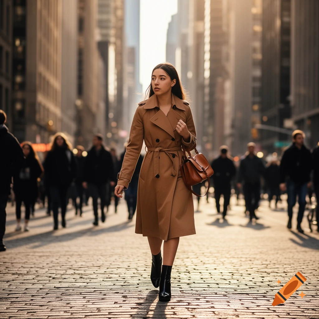 A woman in a tan trench coat walks down a sunlit city street with blurred people in the background, photorealistic style.