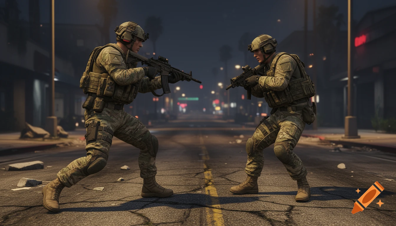 Two soldiers in camouflage uniforms aim rifles at each other on a cracked street at night, with blurred city lights in the background. Photorealistic style.