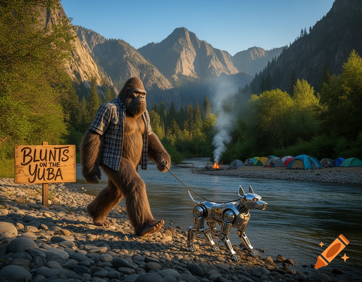 A photorealistic Bigfoot walks a robot dog by a river. A sign reads 'BLUNTS ON THE YUBA' with a campsite and mountains in the background.