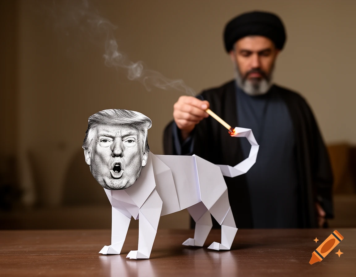 An Iranian mullah lights the tail of a paper origami dog with Donald Trump's shocked face, set on a wooden table.