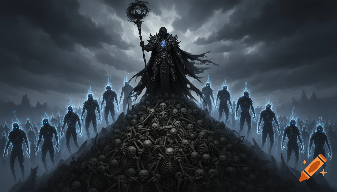 A dark fantasy necromancer stands on a bone mountain, summoning glowing blue shadow soldiers under a cloudy sky, digital painting.