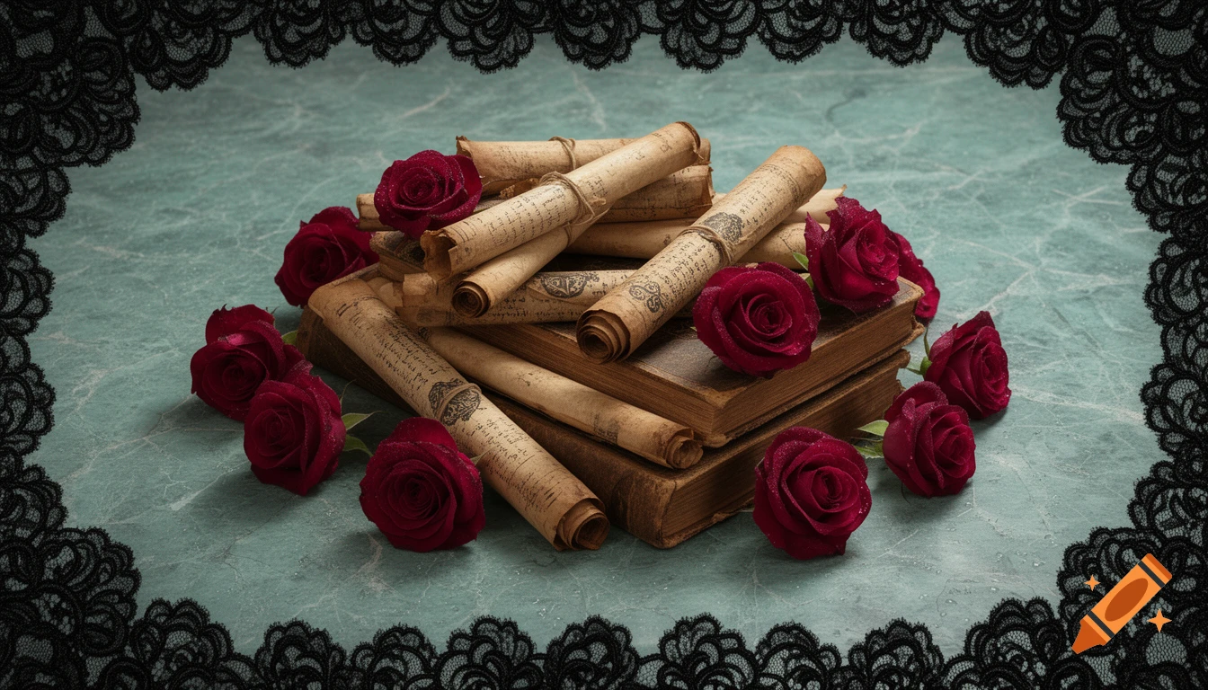 Antique scrolls and books with red roses framed by black lace on a turquoise marble surface.