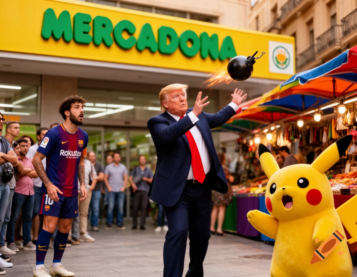 Donald Trump throws a smoking bomb towards Pikachu, while a football player looks on in front of a Mercadona store.