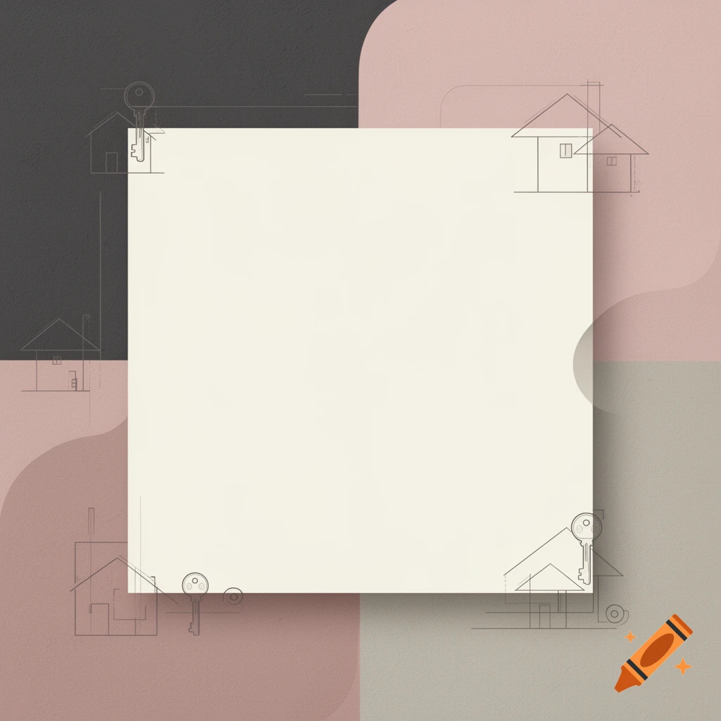 Minimalist background design with charcoal grey, dusty pink, and greige geometric shapes. Features subtle line art of houses and keys around a central blank space.