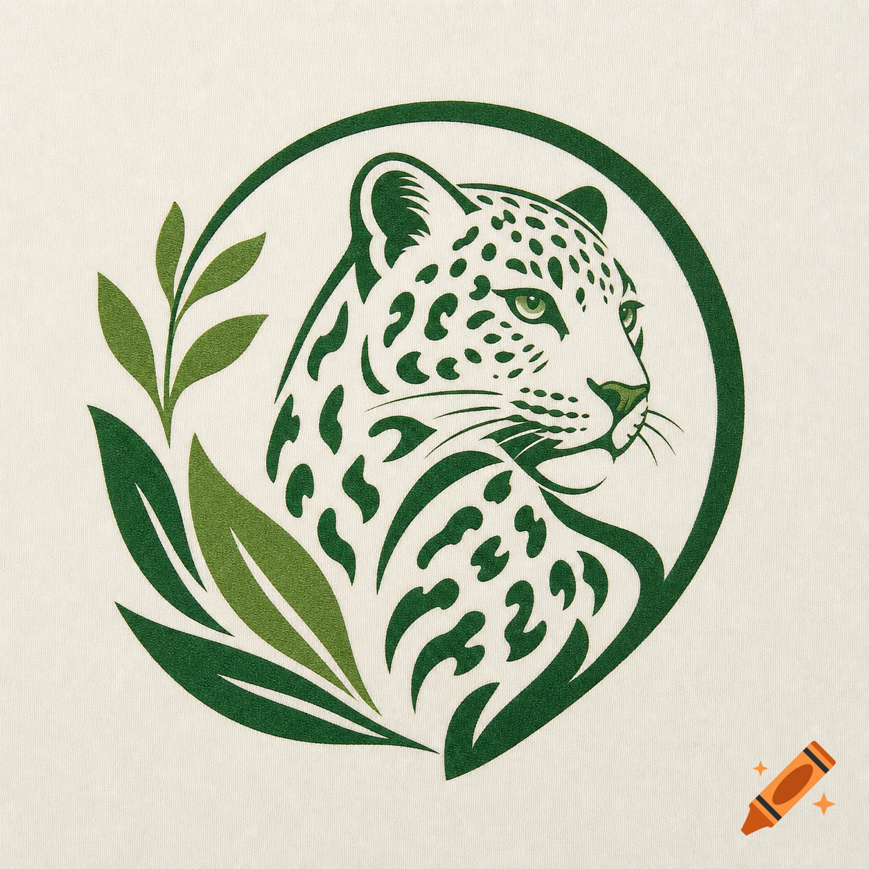 Stylized green leopard head logo with leaves inside a circular emblem, on a light fabric texture.
