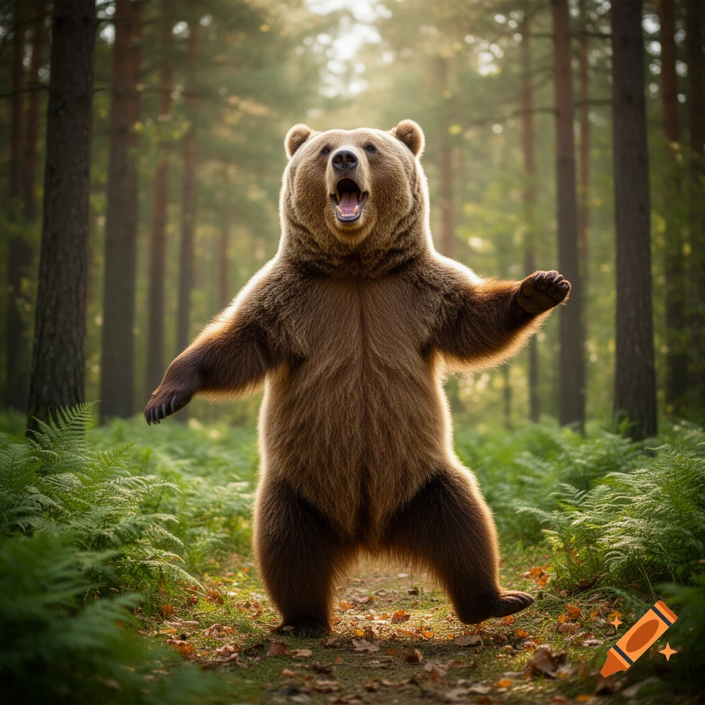 A photorealistic brown bear stands on its hind legs with an open mouth, as if singing or roaring, in a sunlit forest.