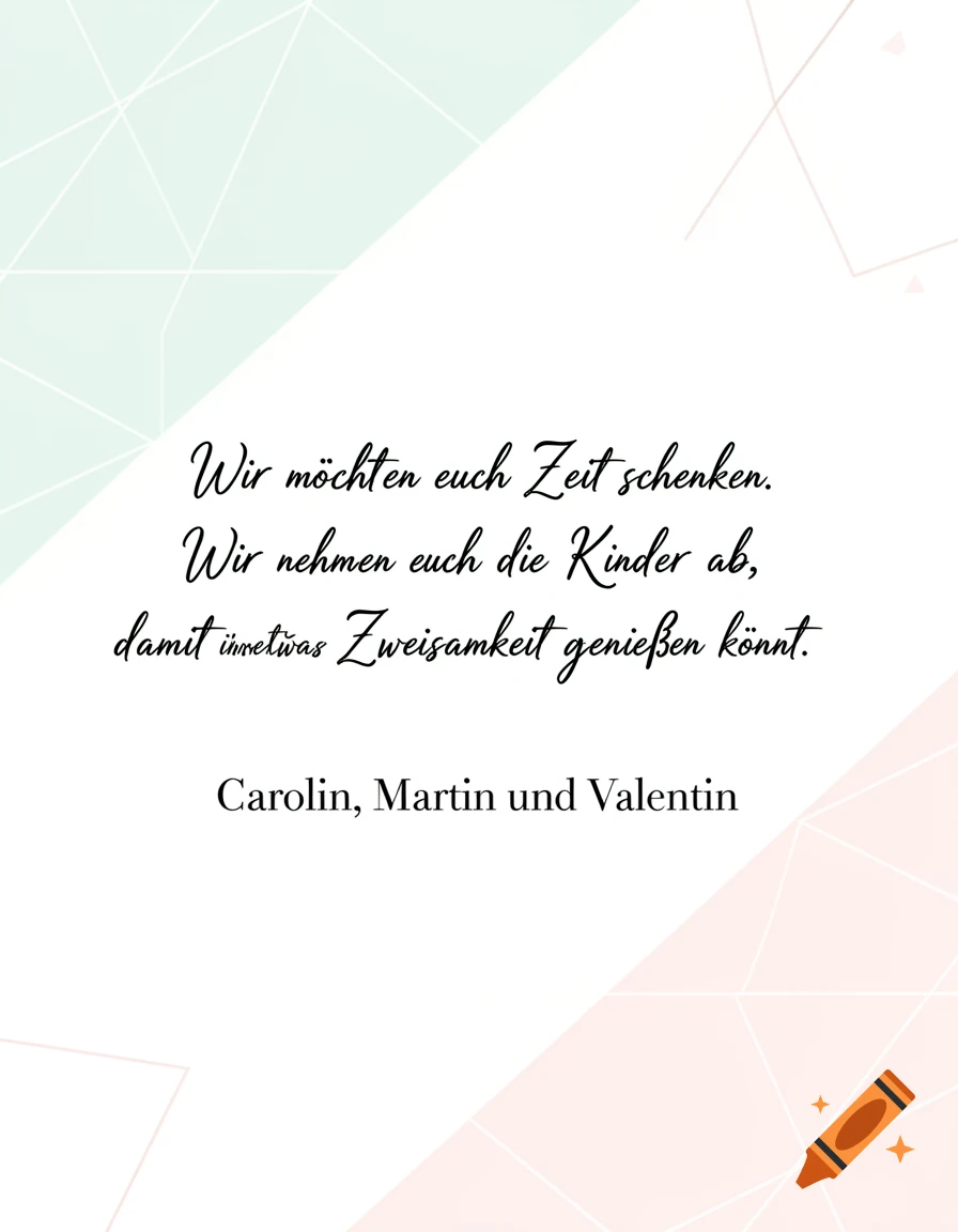 Modern voucher with green and pink geometric patterns and German text about a gift of time for a couple.