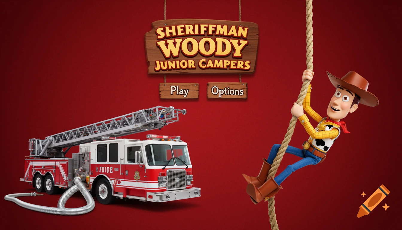 Woody from Toy Story climbs a rope on a red background, with a fire ladder truck on the left and a 'SHERIFFMAN WOODY JUNIOR CAMPERS' logo above 'Play' and 'Options' buttons.