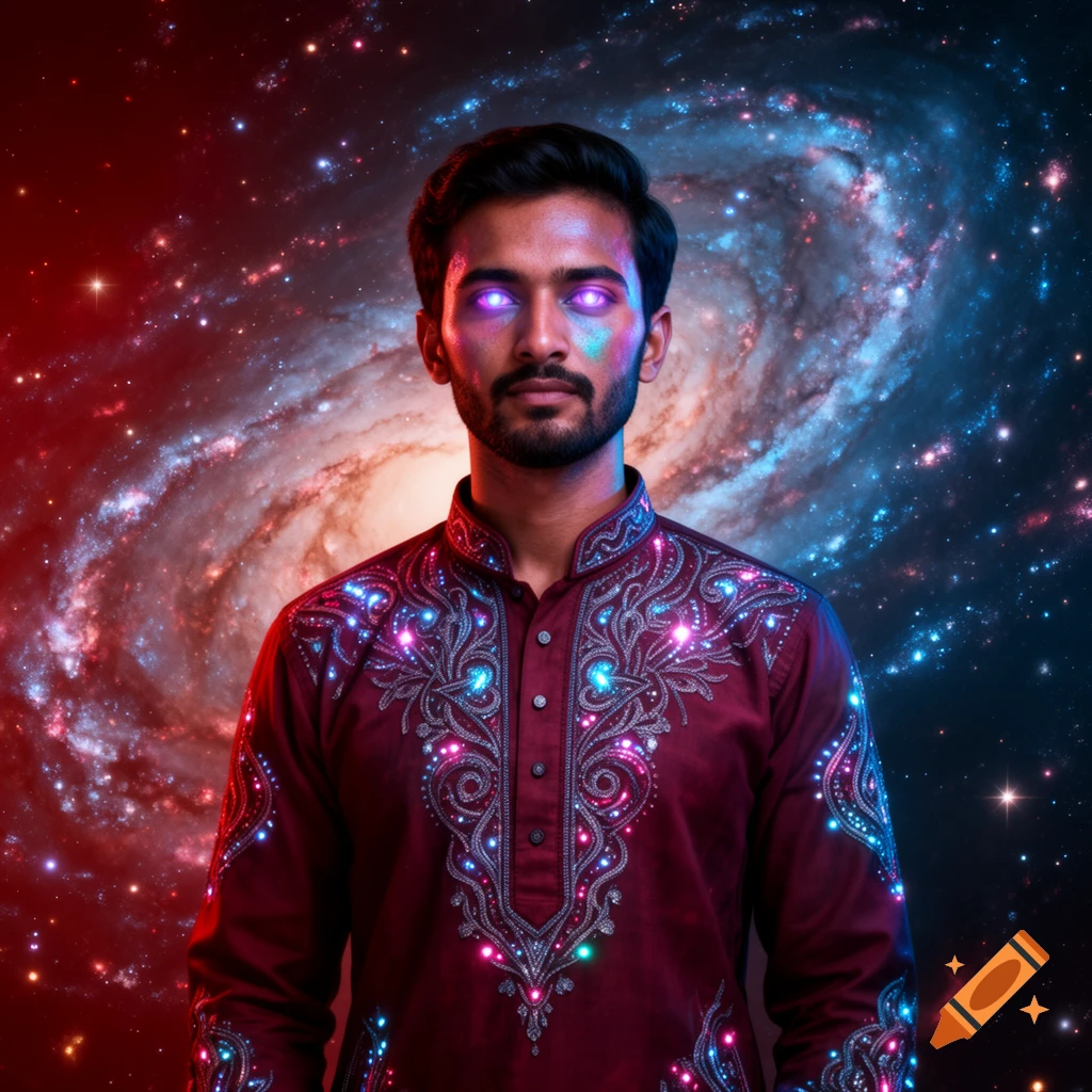A man with glowing purple eyes and a glowing maroon shirt stands against a vibrant swirling galaxy background.