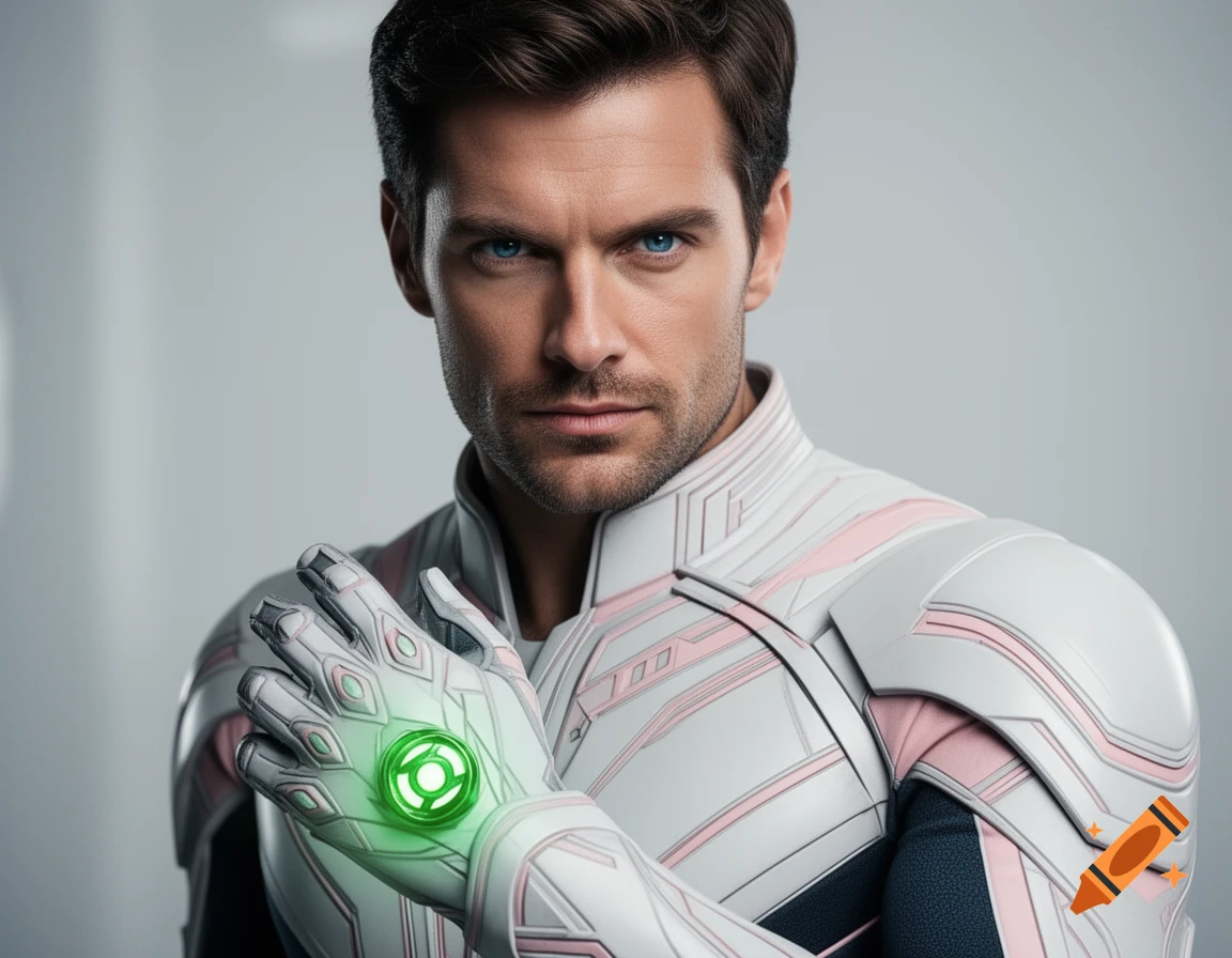 Photorealistic portrait of a man with blue eyes, wearing a white and pink Kree suit, and a glowing Green Lantern ring on his right hand.