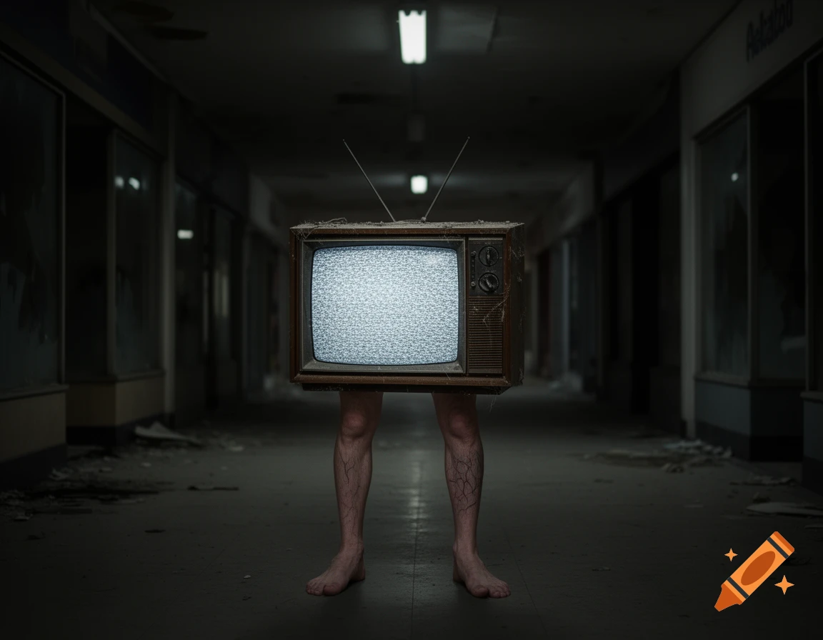 A vintage television with human legs stands in a dark, deserted shopping mall, creating a creepy, surreal scene.