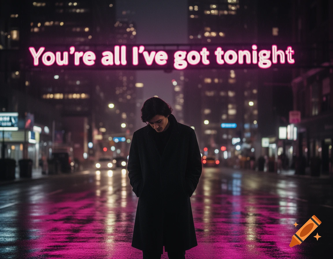 A person in a black coat stands on a wet city street at night under a pink neon sign reading 'You're all I've got tonight'.