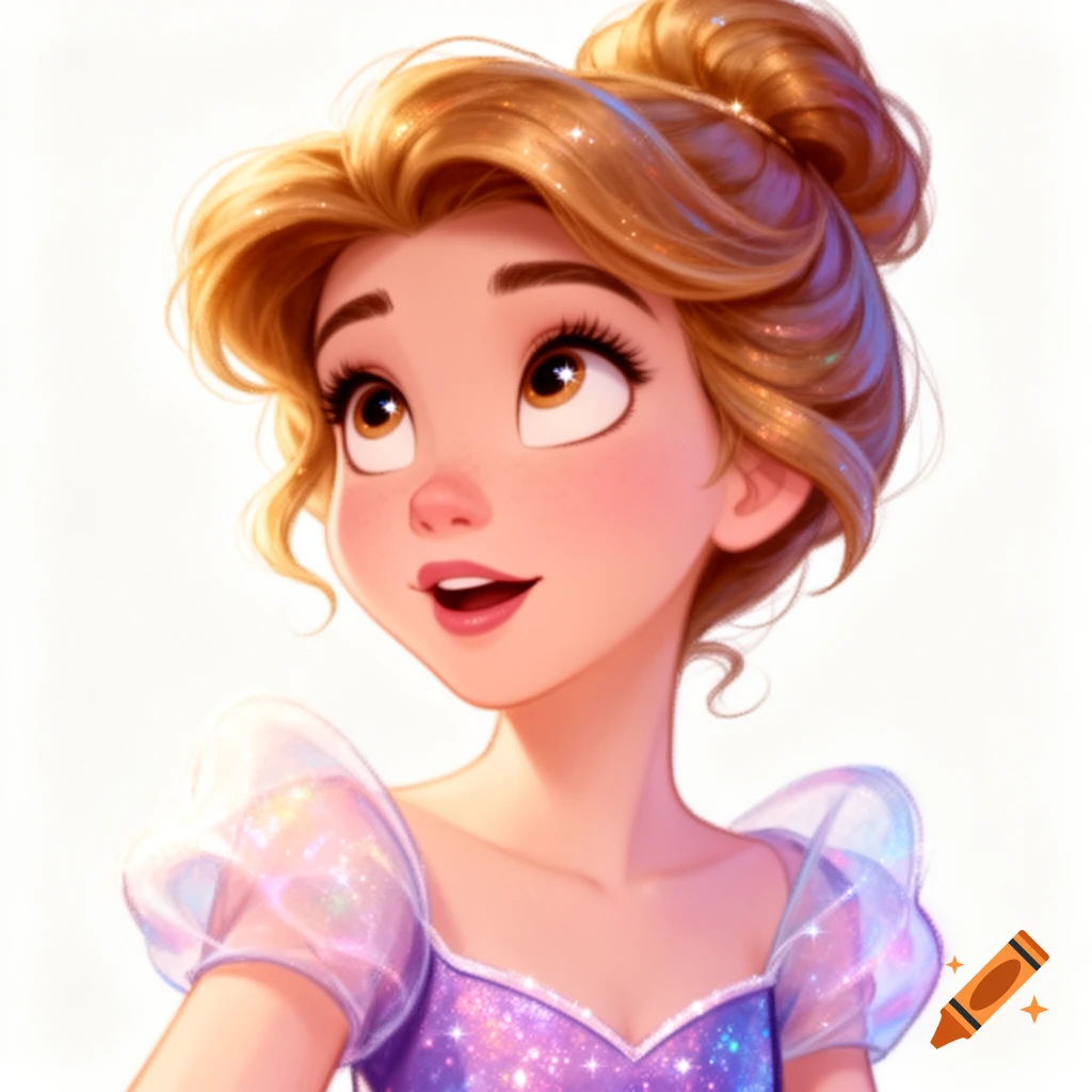 A close-up of a smiling cartoon woman with blonde hair in a bun, looking up with big brown eyes, wearing a sparkly purple dress.