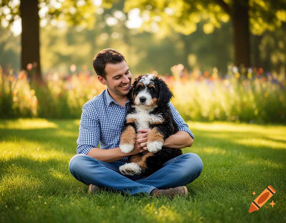 A smiling man sits cross-legged in green grass, holding a tri-color Bernedoodle puppy in a sunny park.