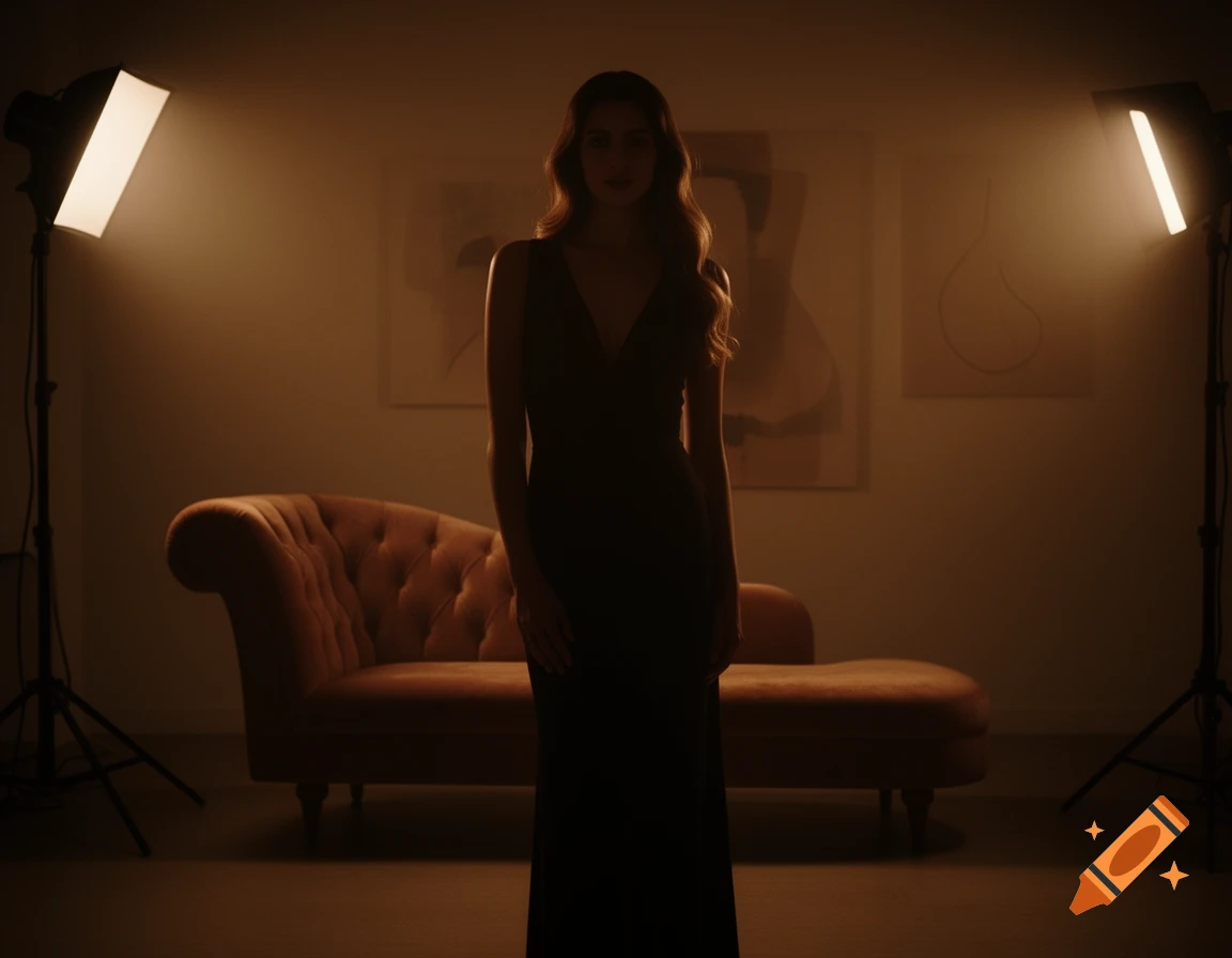 A silhouetted woman in a long dress stands between two studio lights, with a velvet chaise lounge and abstract art in a dimly lit room.