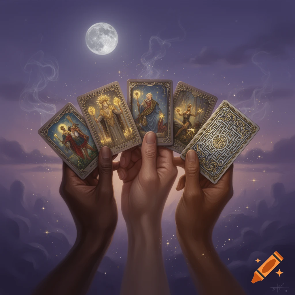Multiple hands of varying skin tones hold tarot cards fanned out under a bright full moon and starry purple sky.