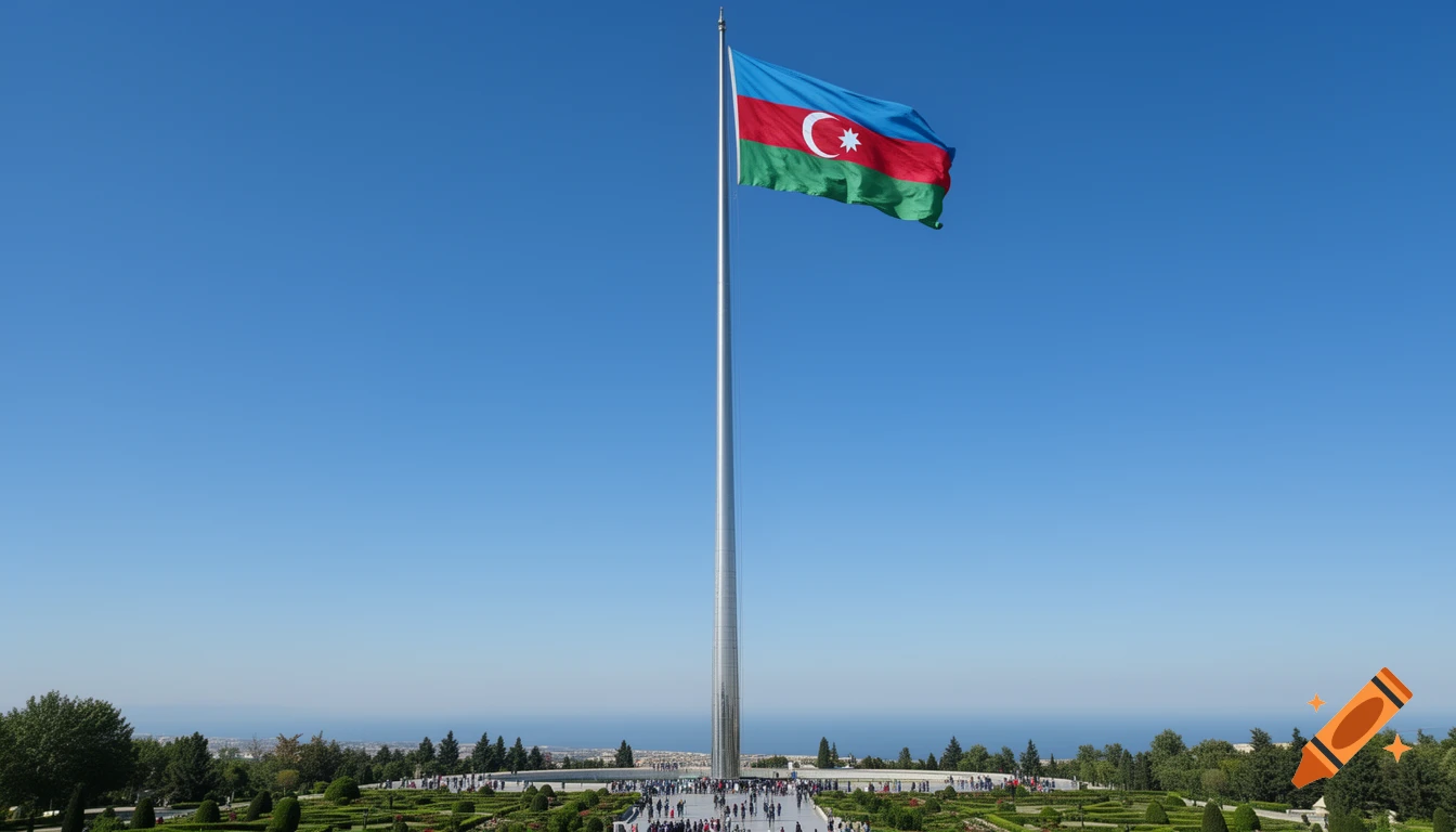 The Azerbaijan flag waves proudly on a very tall flagpole against a clear blue sky, overlooking a landscaped park, city, and sea.