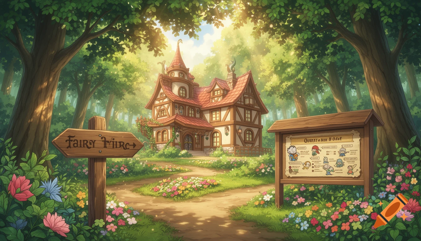 An anime-style fantasy guild house nestled in a sunny, lush forest with a path, signpost, and quest board.