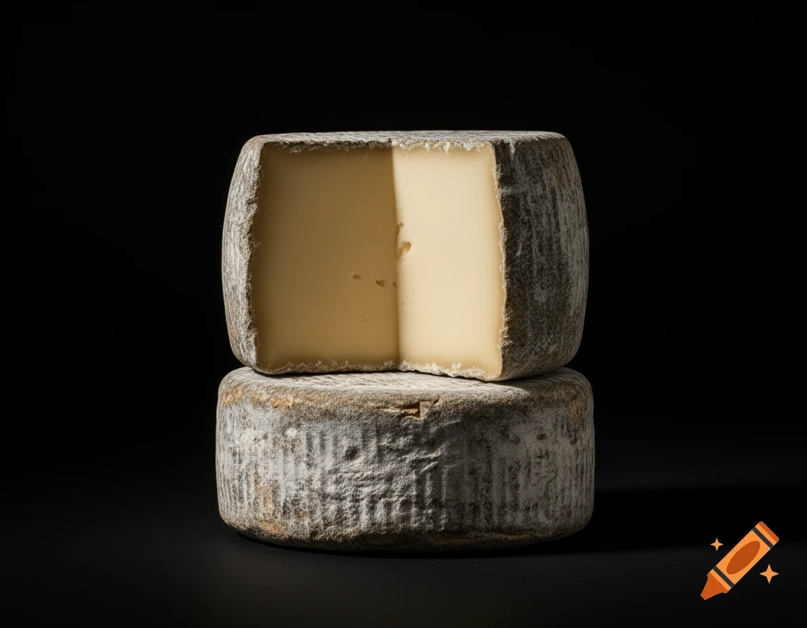 Professional food photograph of a half-cut cheese stacked on a whole cheese. Rustic grey rind, smooth pale interior, dramatic lighting on a dark background.
