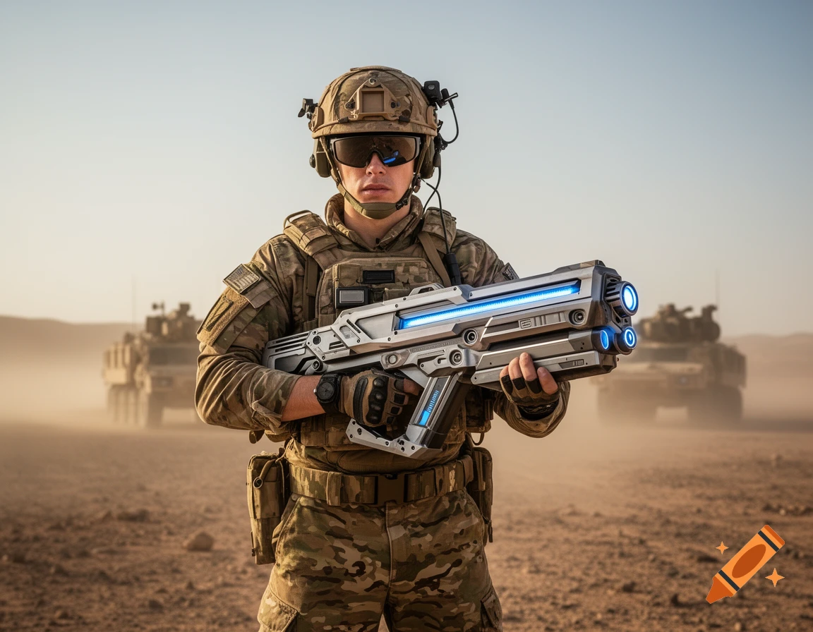A modern soldier in camouflage and tactical gear stands in a desert, holding a futuristic plasma gun with blue glowing elements. Military vehicles are in the dusty background under a clear sky.