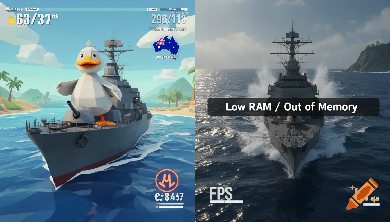 A split-screen image showing two naval video games. The left side features a low-poly game with a cartoon duck on a ship, high FPS. The right side shows a realistic naval game with a battleship, low FPS, and a 'Low RAM / Out of Memory' error.