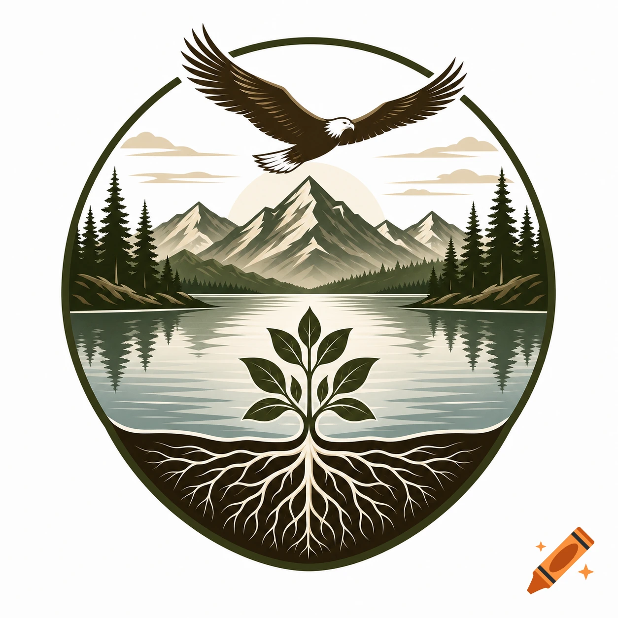 Stylized nature logo with an eagle flying over mountains, a lake, and a plant with roots in a circular frame.