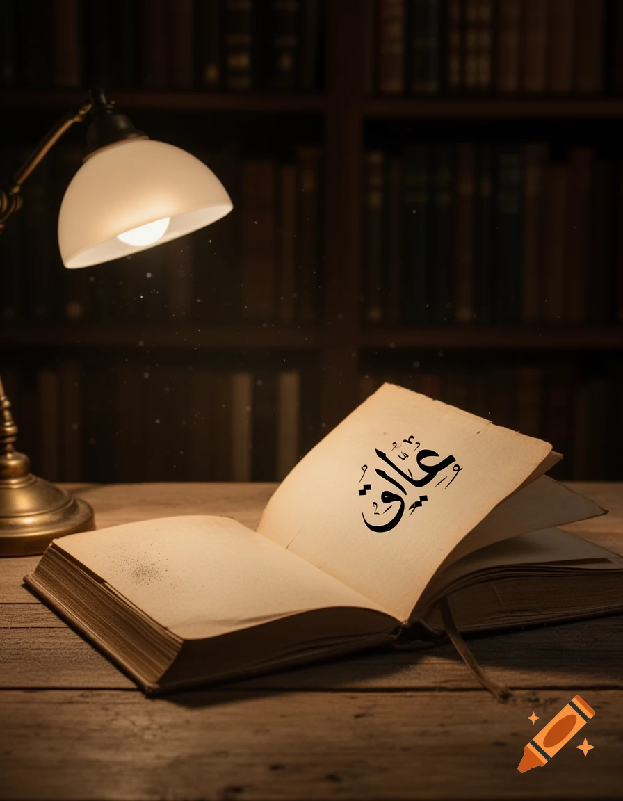 An open book with Arabic calligraphy 'سلام' on its page, illuminated by a desk lamp on a wooden table with bookshelves in the background.