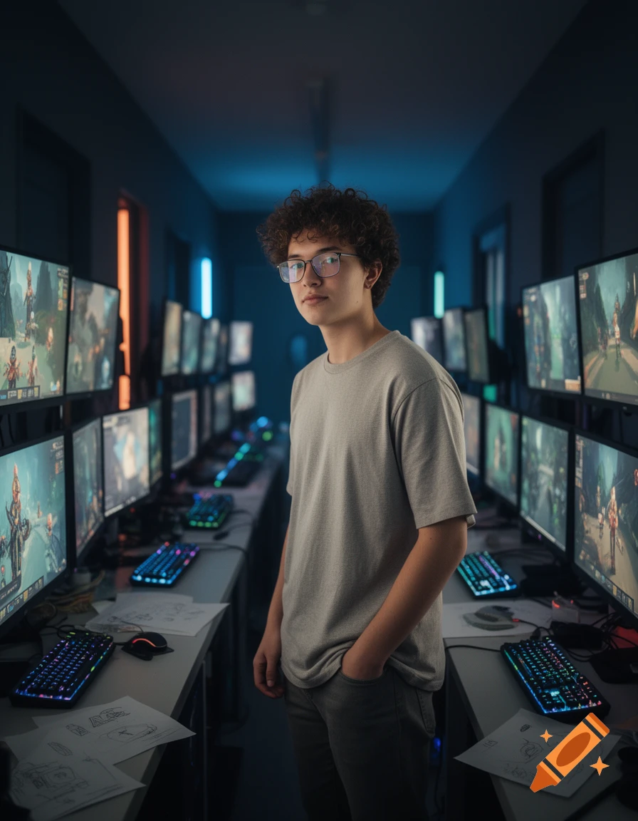 A young man with curly hair and glasses stands in a dimly lit gaming room surrounded by multiple computer monitors displaying video games.