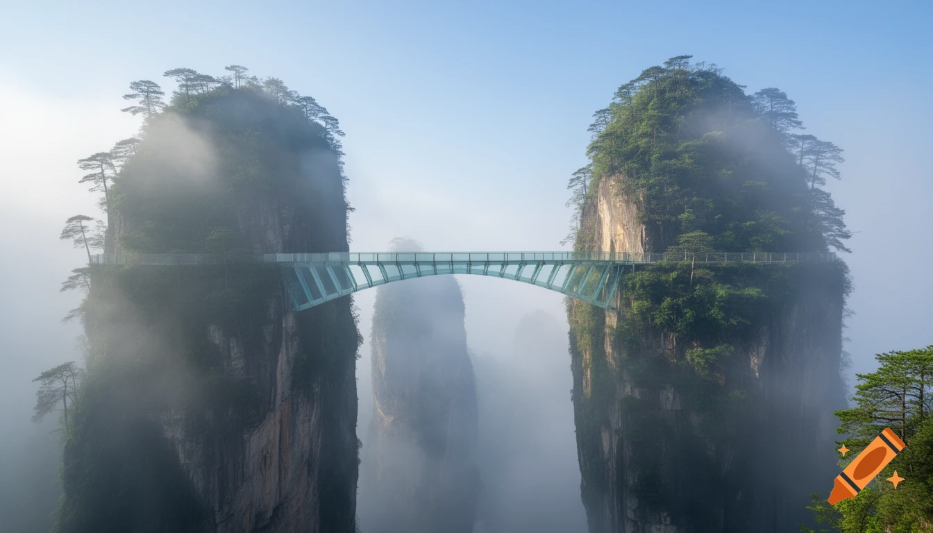 A glass bridge connects two mist-shrouded, tree-covered mountain peaks under a clear sky in a photorealistic style.
