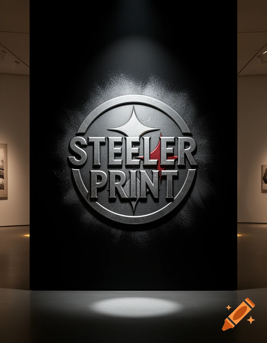 A metallic logo reading 'STEELER PRINT' displayed on a dark wall in an art gallery, dramatically lit by spotlights.